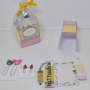 Pencil Box with keyring paper clips, and notebook inside